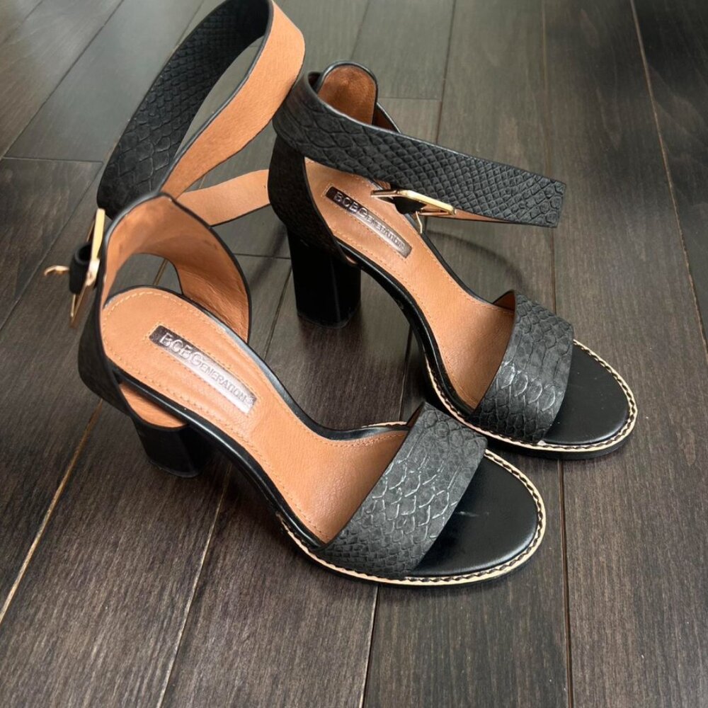 BCBGeneration Snakeskin Embossed Block Heels - Black Ankle Strap Sandals